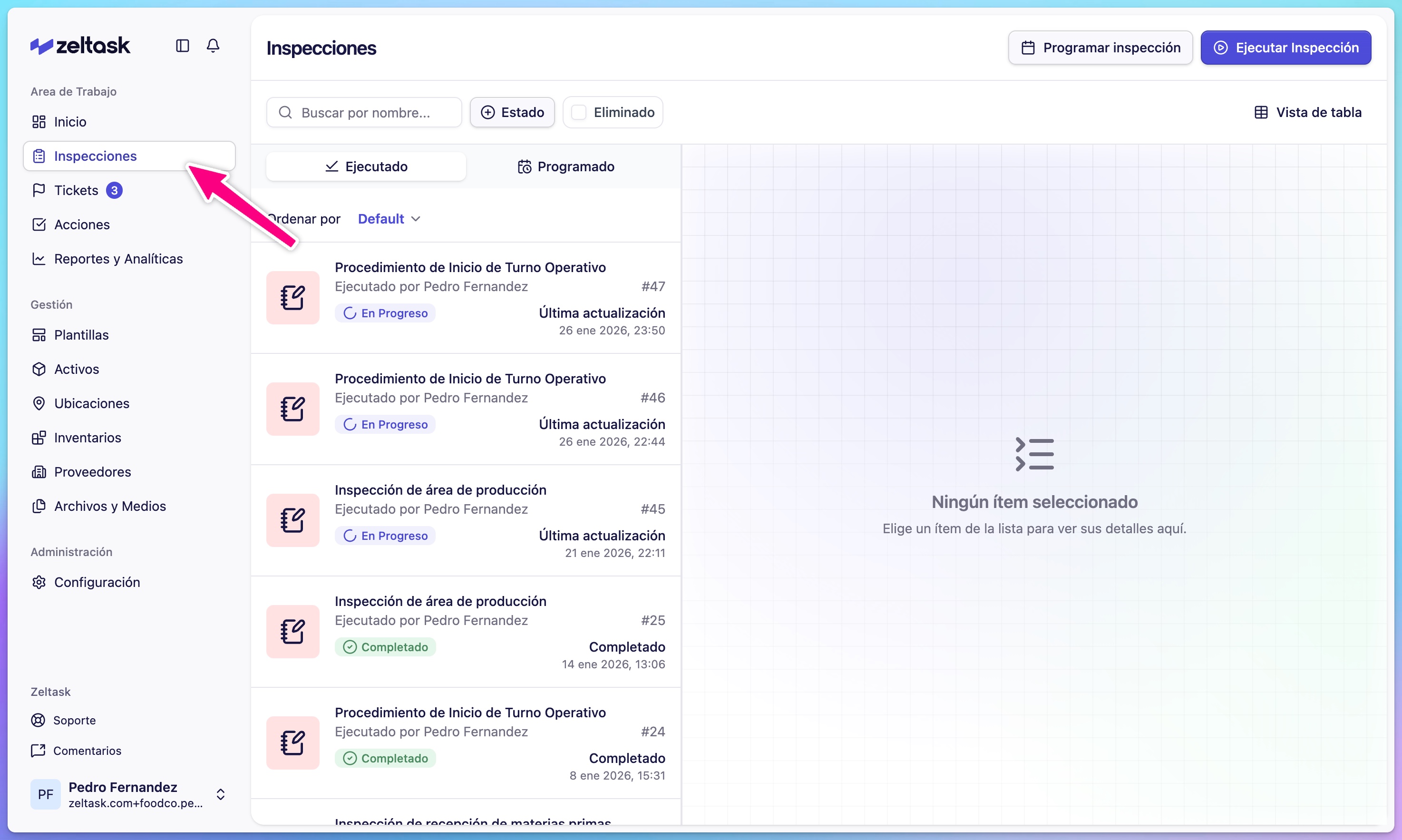 Sidebar with Inspections menu item highlighted